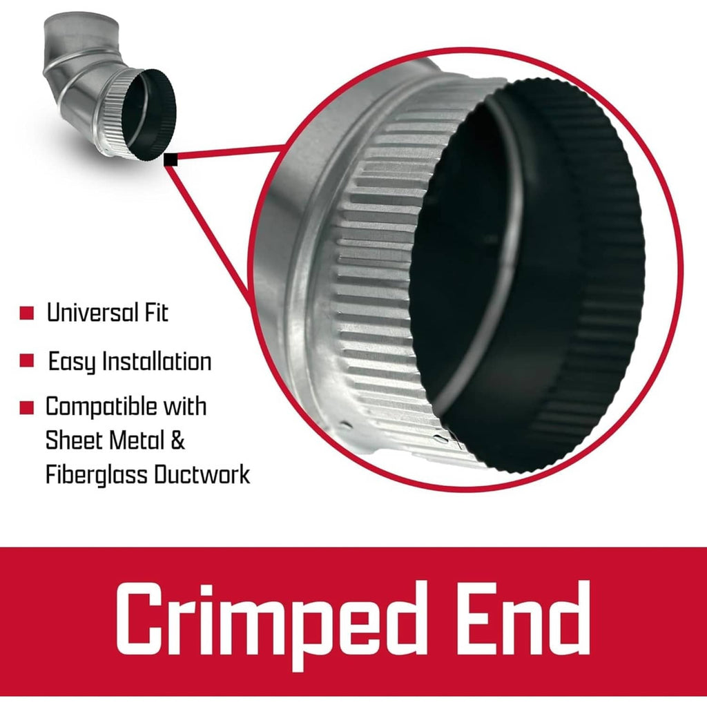Crimped-end galvanized steel 90° duct elbow with ribbed ring and black flanged connector