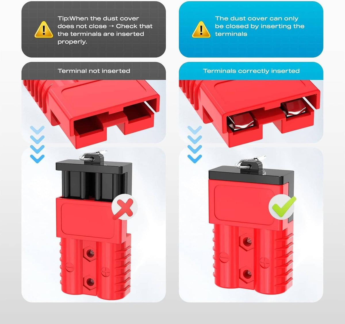 Red battery quick connect with black dust cover inserted over terminals