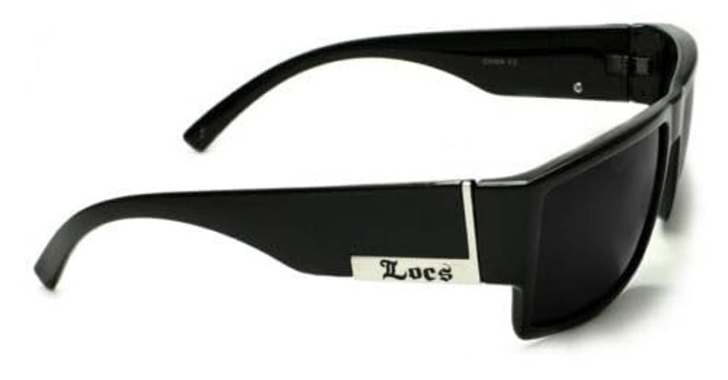 Black sunglasses side profile with dark lenses and silver-toned temple logo