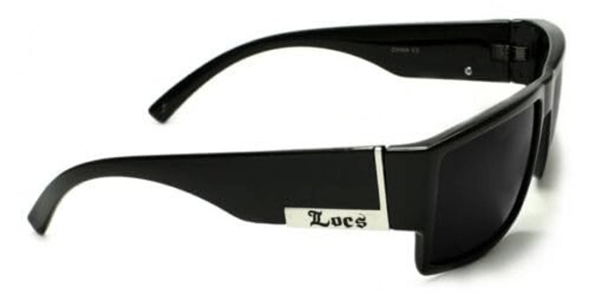 Black sunglasses side profile with dark lenses and silver-toned temple logo