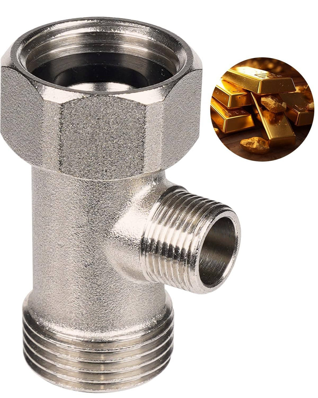 Metal bidet T-adapter with threaded ports, silver-finish brass-style fitting