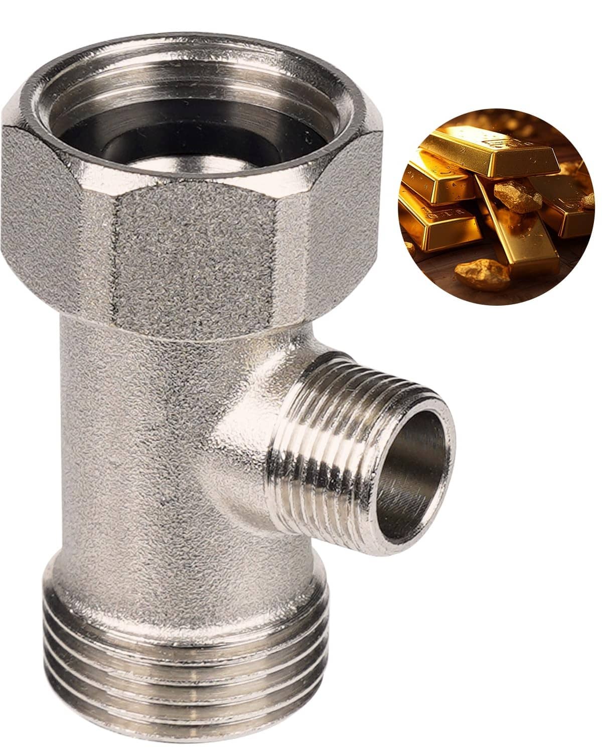 Metal bidet T-adapter with threaded ports, silver-finish brass-style fitting