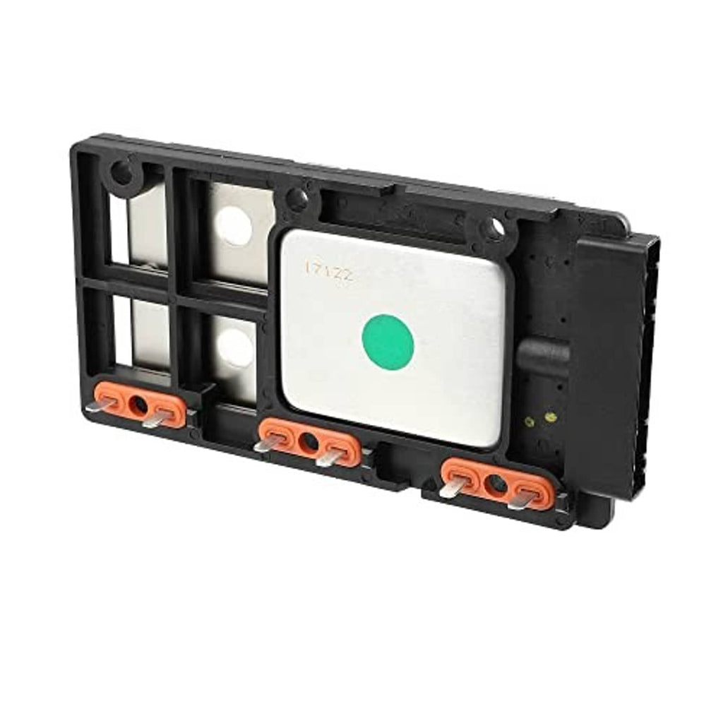 Ignition control module, black housing with green window and orange connector rails
