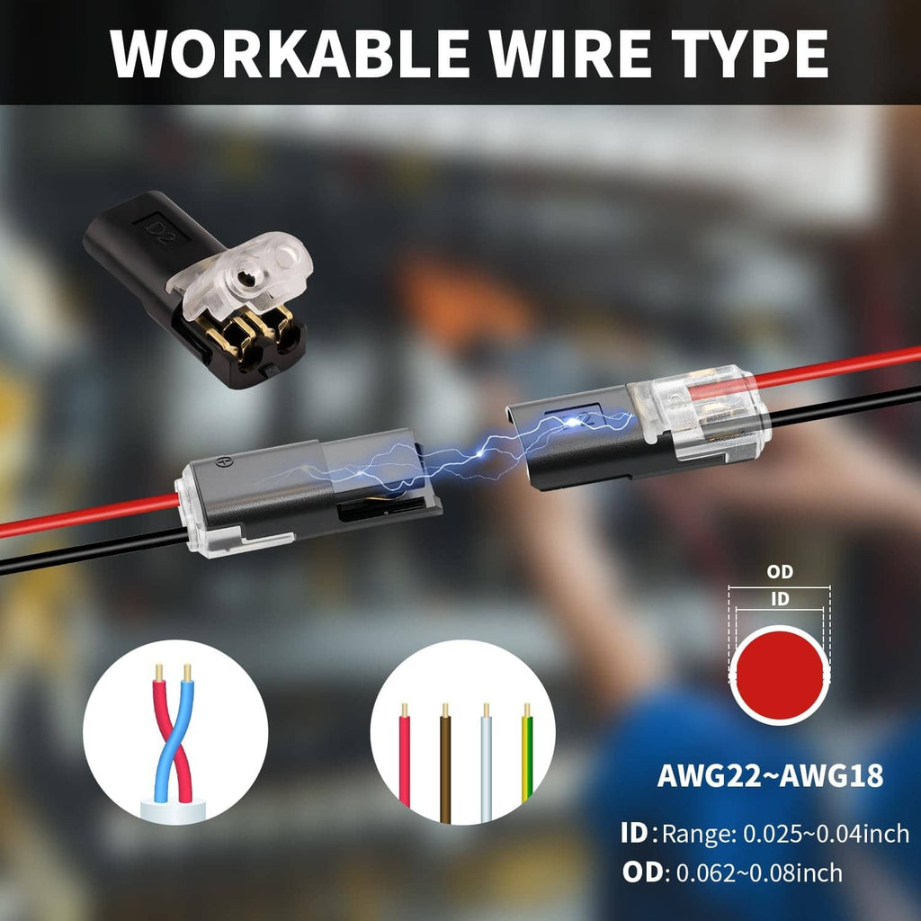 2-pin quick splice connector on wires with compatibility range graphic