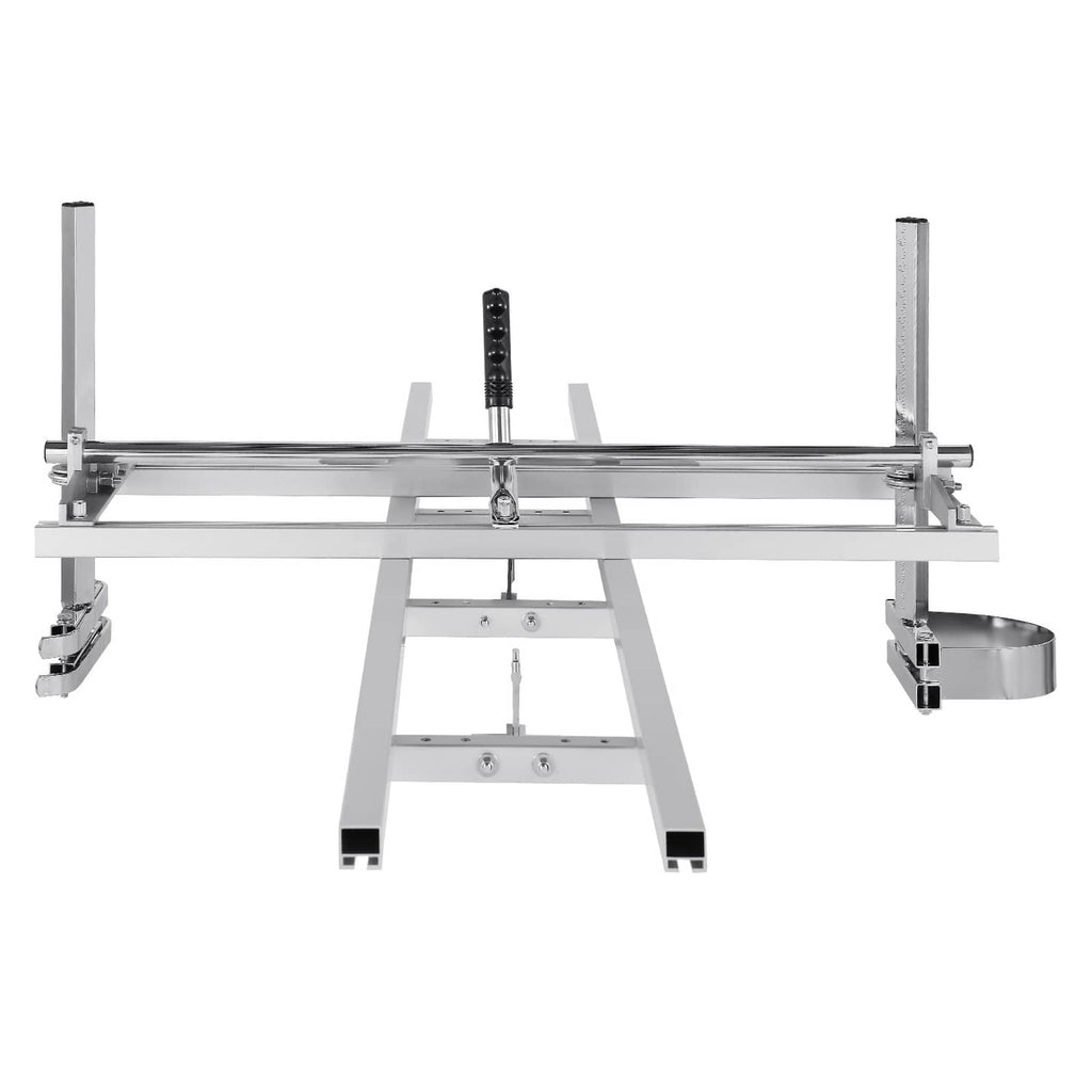Front view of aluminum chainsaw mill guide rail with side clamps and adjustable frame