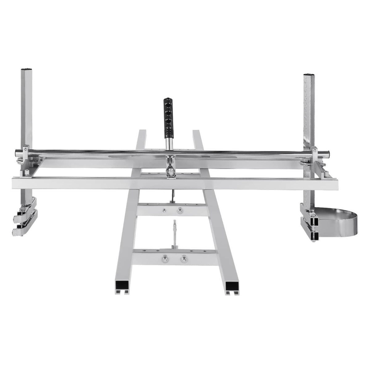 Front view of aluminum chainsaw mill guide rail with side clamps and adjustable frame