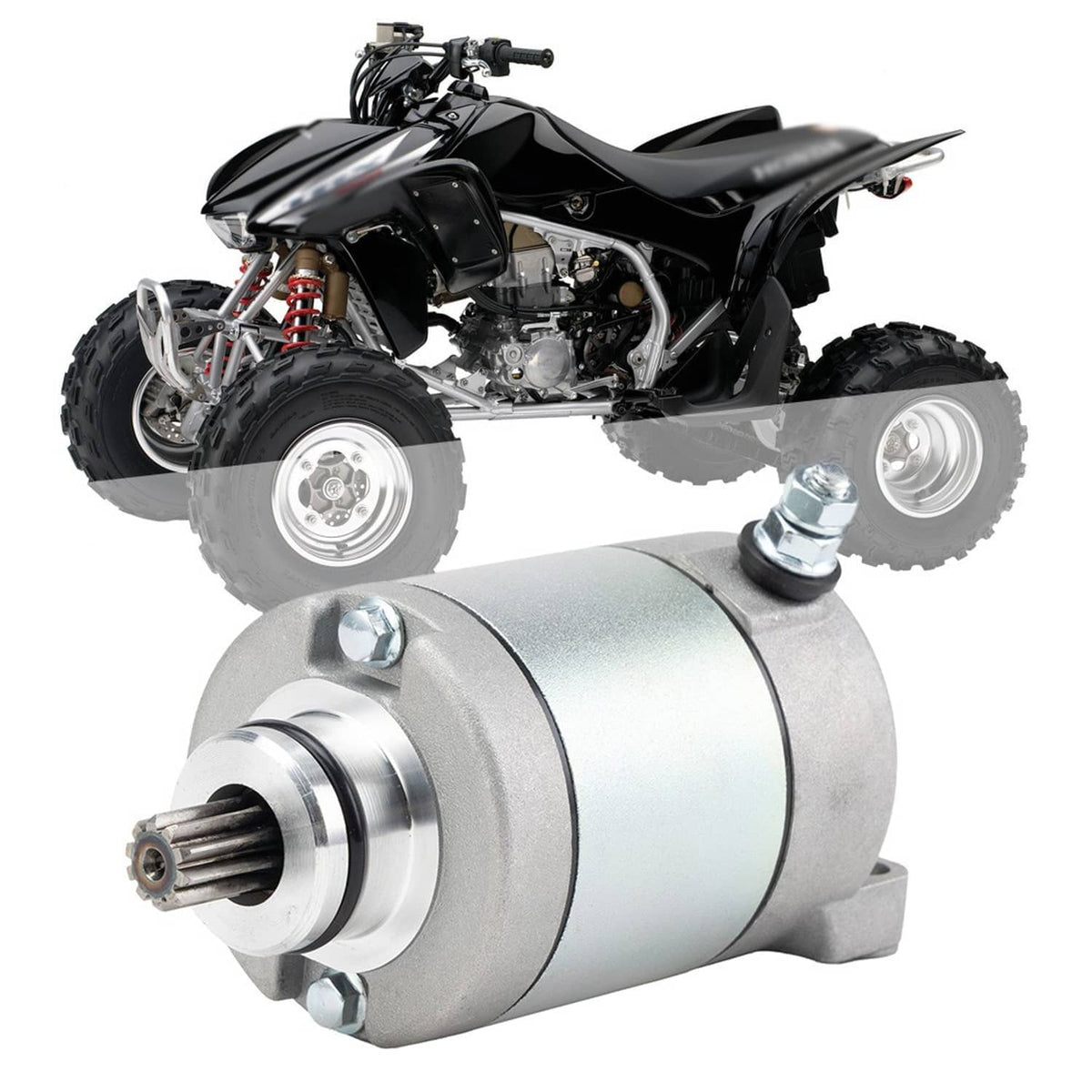 ATV starter motor assembly installed on black quad ATV, silver housing visible
