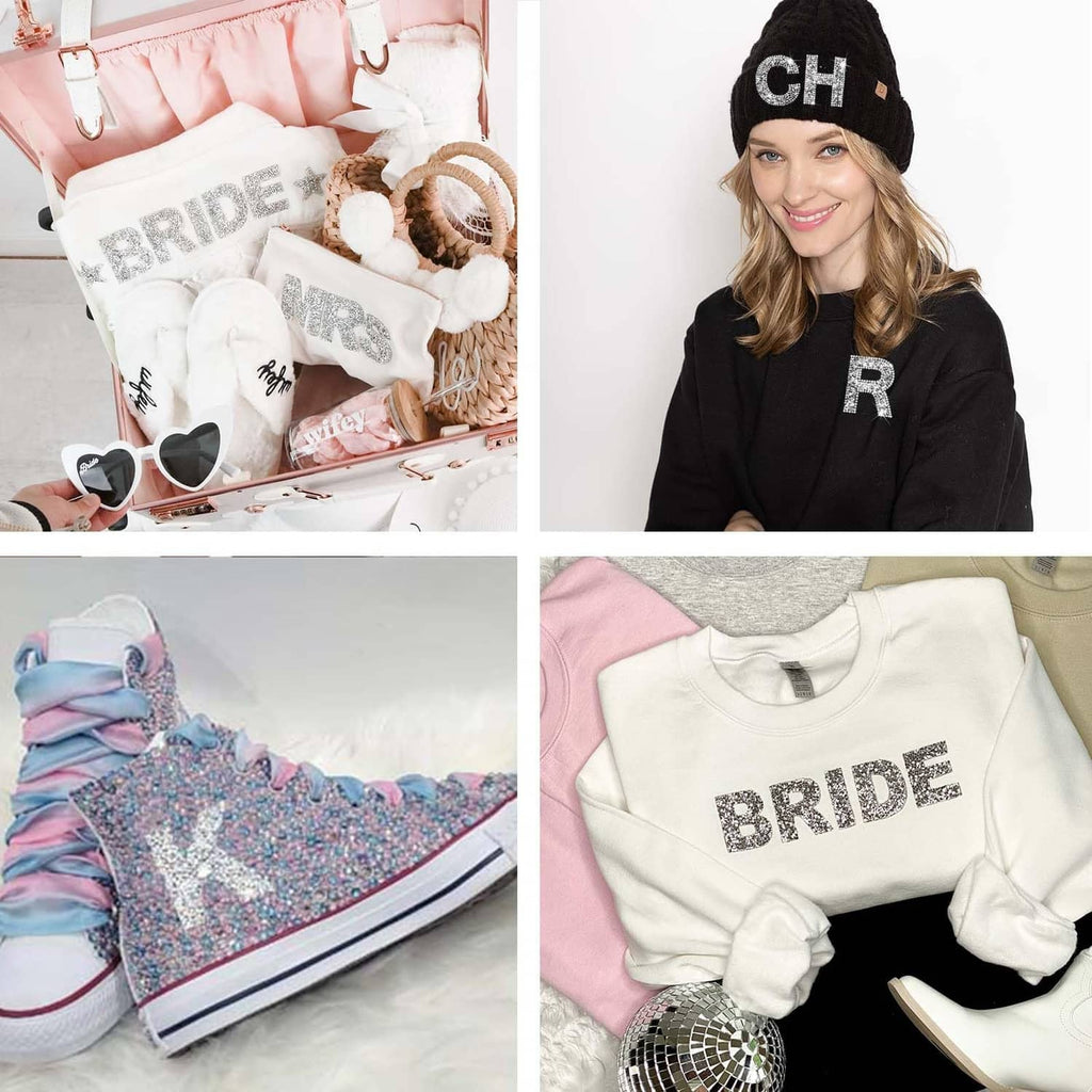 Rhinestone letter patch spelling BRIDE on a white sweatshirt, paired with hat decor