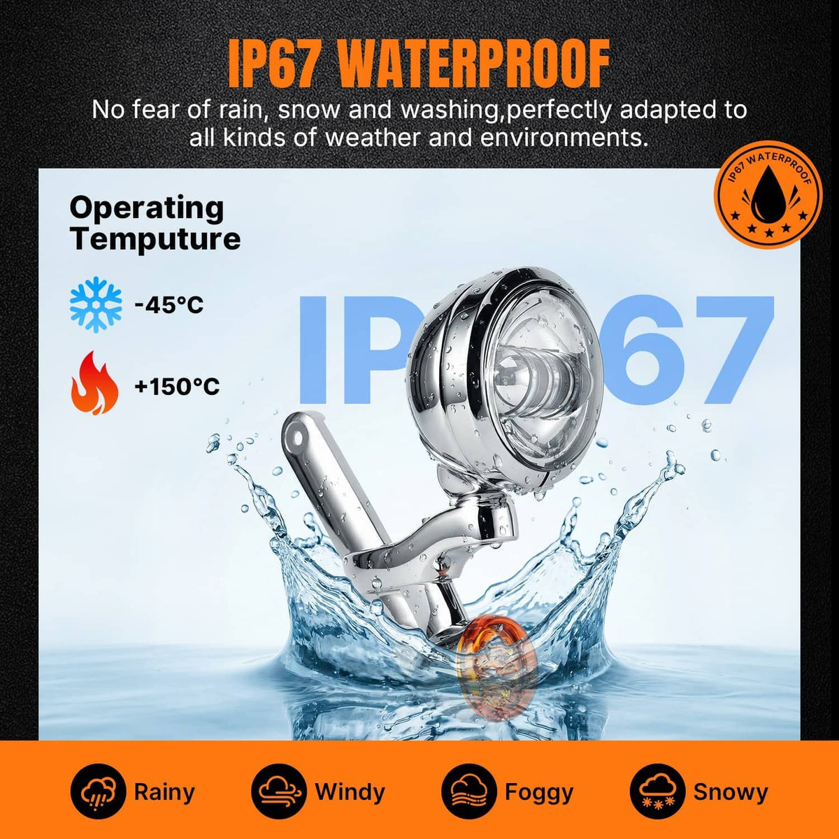 Chrome waterproof auxiliary LED lamp with amber side marker shown with water splash