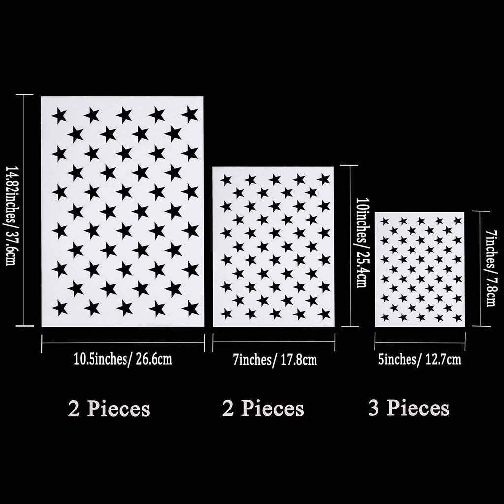 Three American flag star stencil sizes, white templates with star cutouts