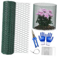 Green and silver metal mesh rolls and a cylindrical plant protector, chicken-wire style