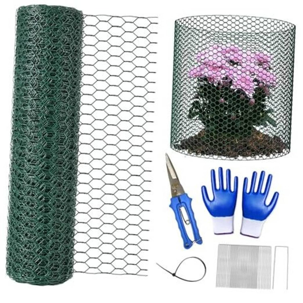 Green and silver metal mesh rolls and a cylindrical plant protector, chicken-wire style