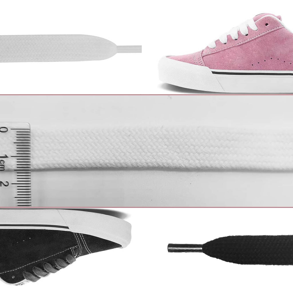 White flat cotton shoelaces laid out with a measuring ruler for length