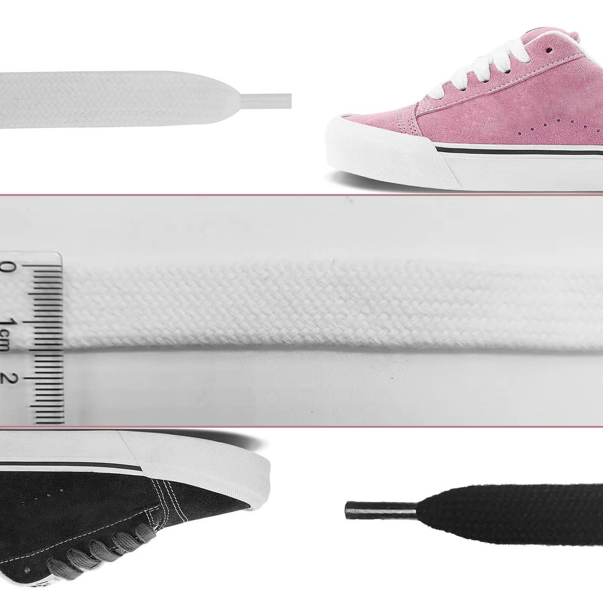 White flat cotton shoelaces laid out with a measuring ruler for length