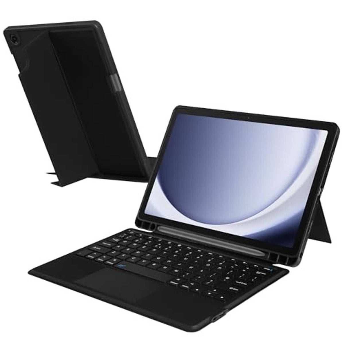 Black tablet keyboard case with foldup stand and built-in keys