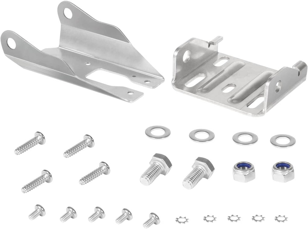 Stainless steel transom mount bracket set with washers, screws, and nuts