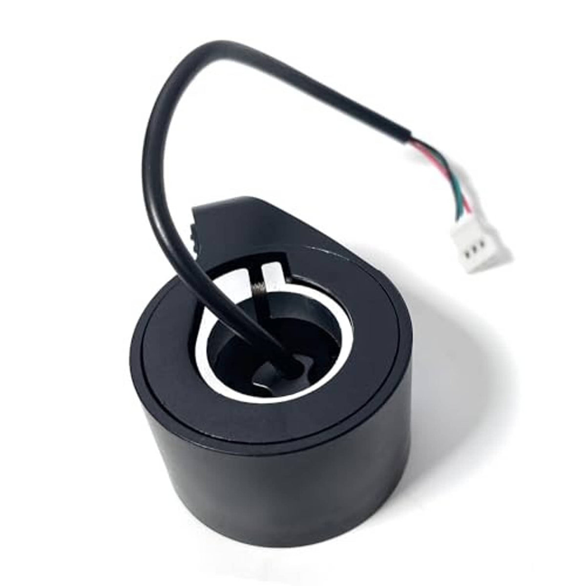 Black thumb throttle replacement with circular grip housing and 3-wire cable with connector