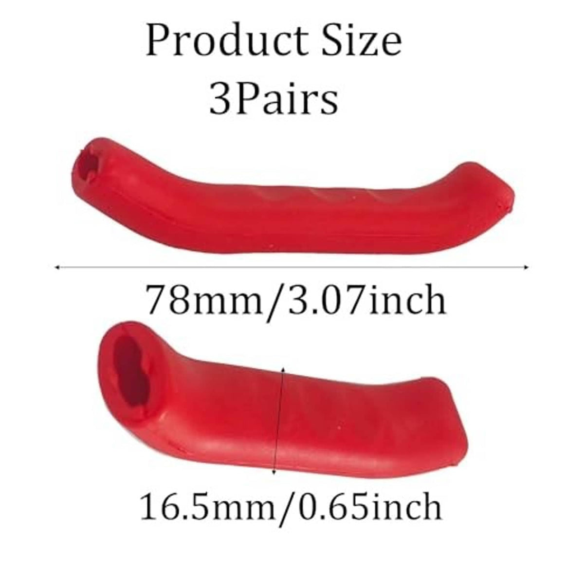 Red silicone bicycle brake lever grip cover pair, showing curved sleeve and end hole