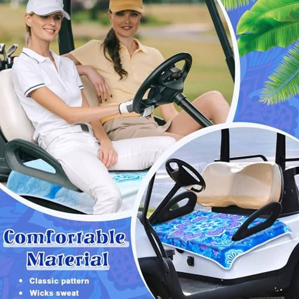 Golf cart seat cover set featuring blue tropical leaf and floral patterns on seat cushions