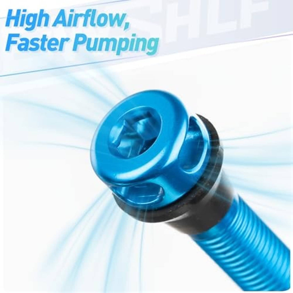 Blue aluminum Presta tubeless valve head and threaded shaft close-up