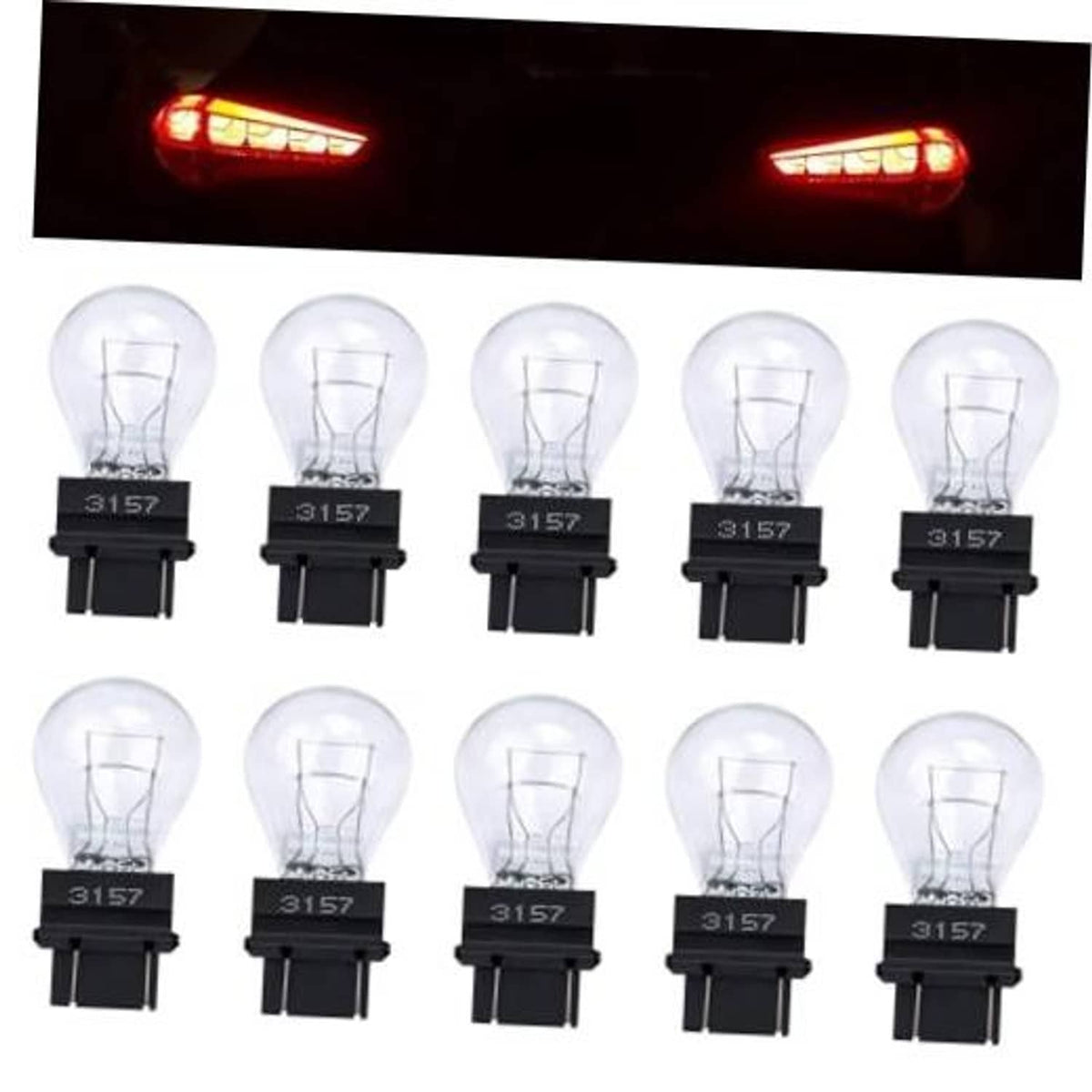 Set of white miniature dual-filament bulbs with black bases, front view