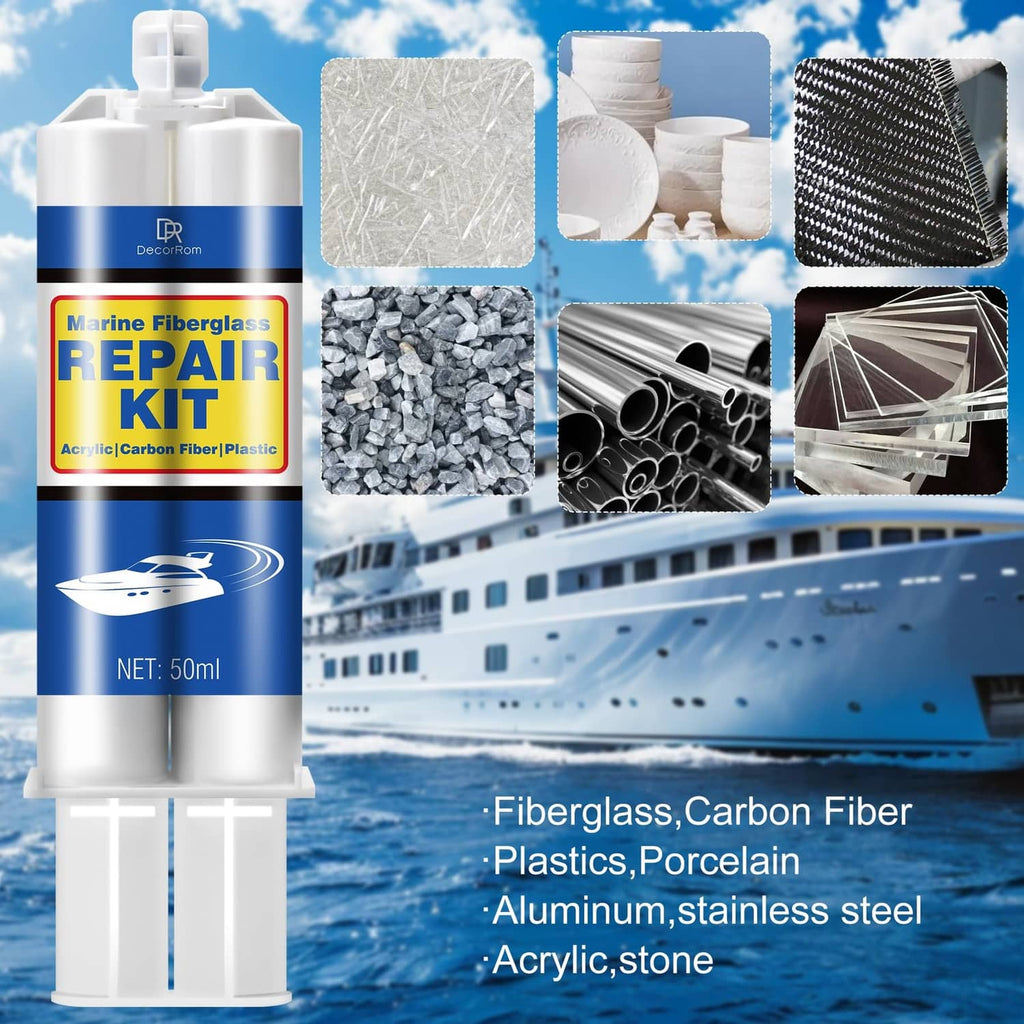 Marine fiberglass repair kit bottle with sample material tiles and fiber mesh