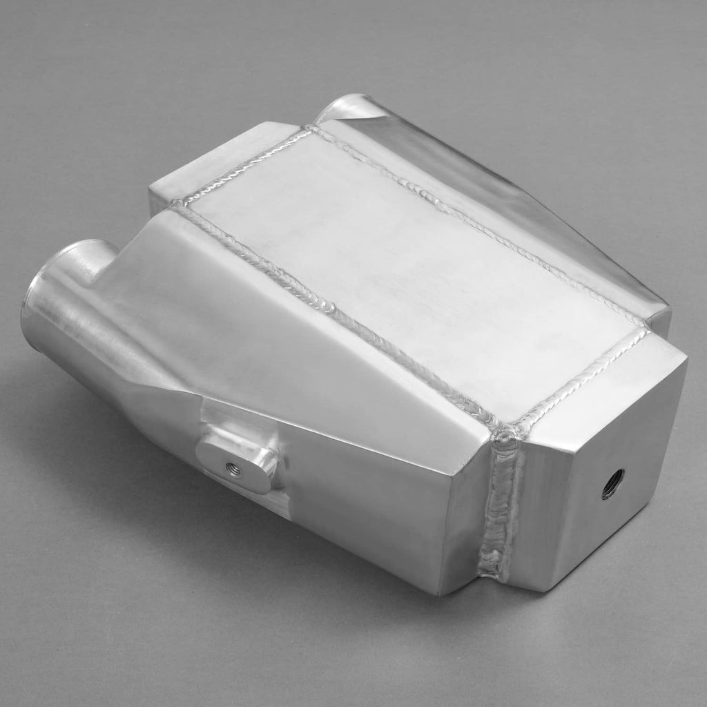 Universal air-to-water intercooler angled view with dual ports and rectangular aluminum body