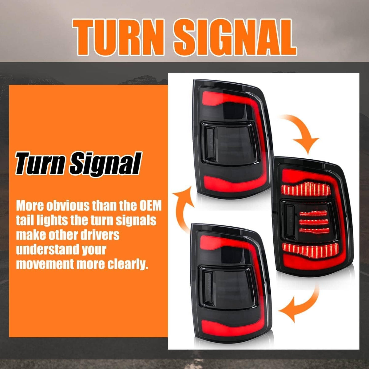 LED tail light pair showing red turn signal lighting in black housings
