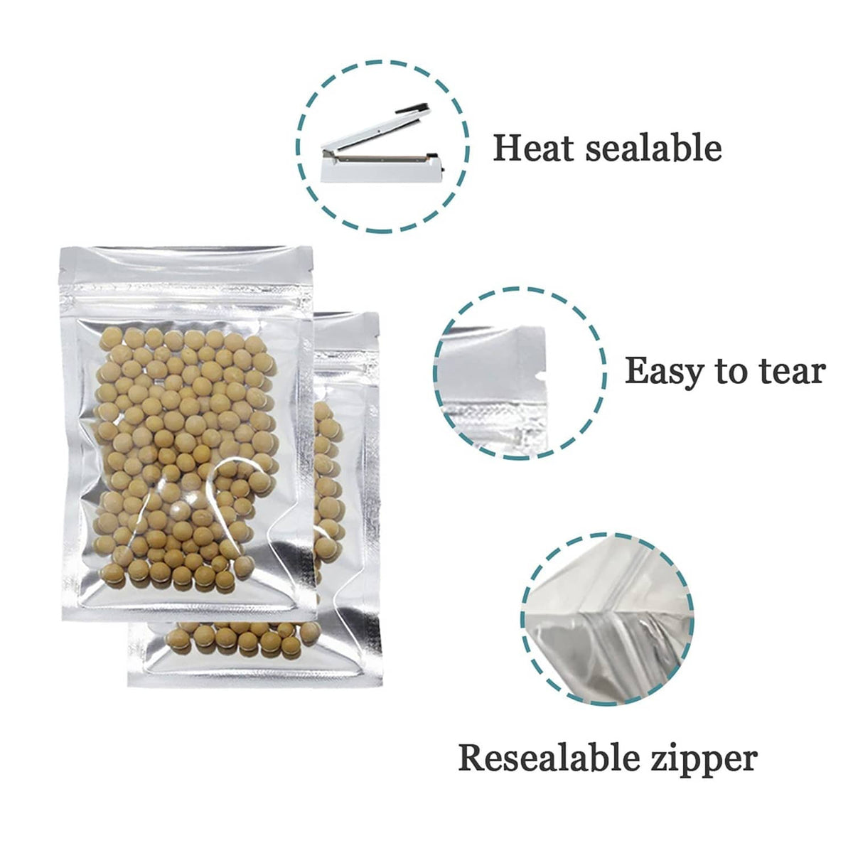 Clear resealable mylar bags with resealable zipper, heat-sealable and easy-tear design