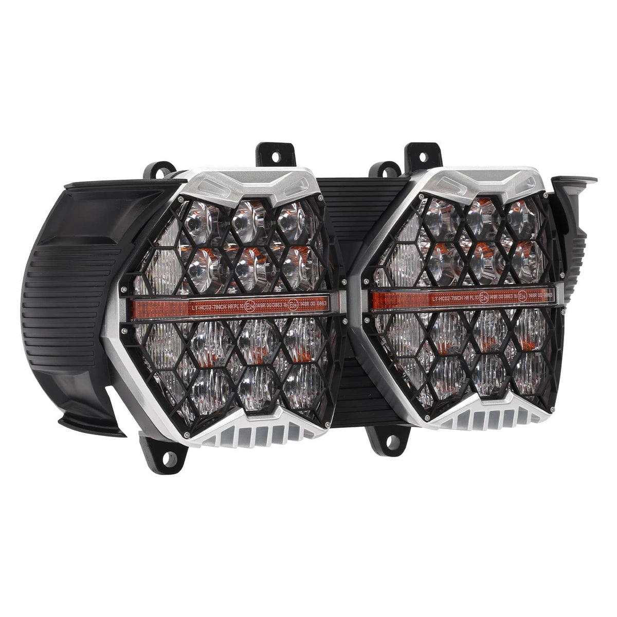 Pair of dual LED motorcycle headlights with clear lens and amber accent strip