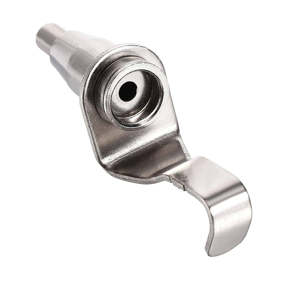 Silver-toned metal gallery hook with circular eye for wire rope