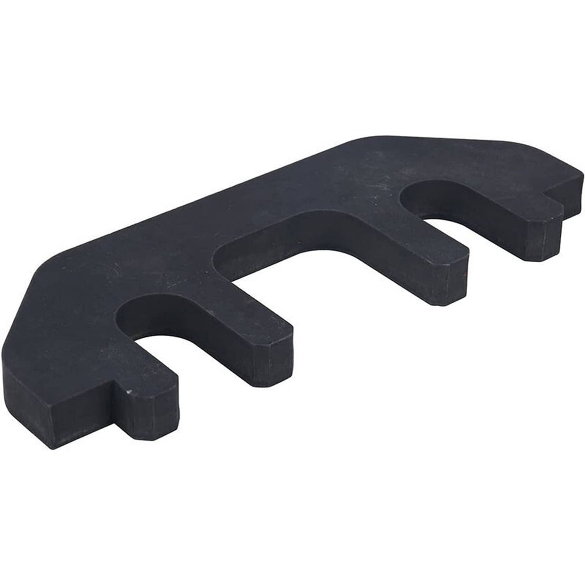 Black camshaft holding tool with curved groove and two prongs