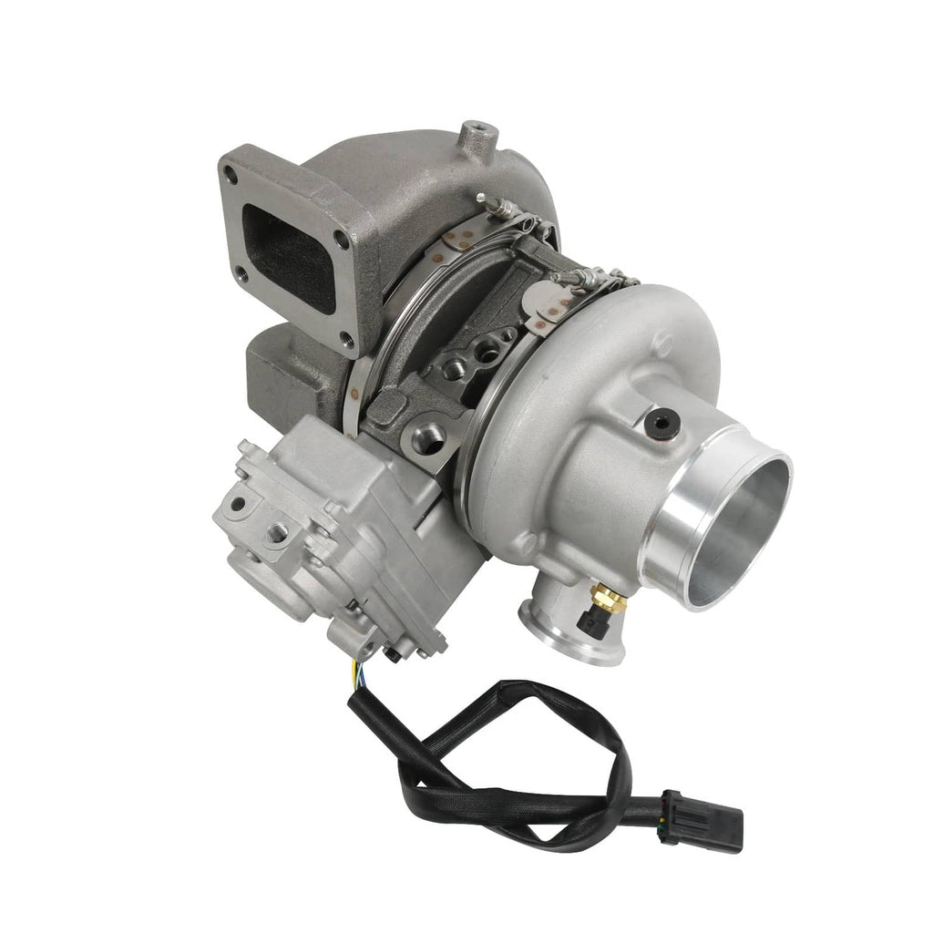 Turbocharger assembly with solenoid valve, metal housings, and wiring with black connectors