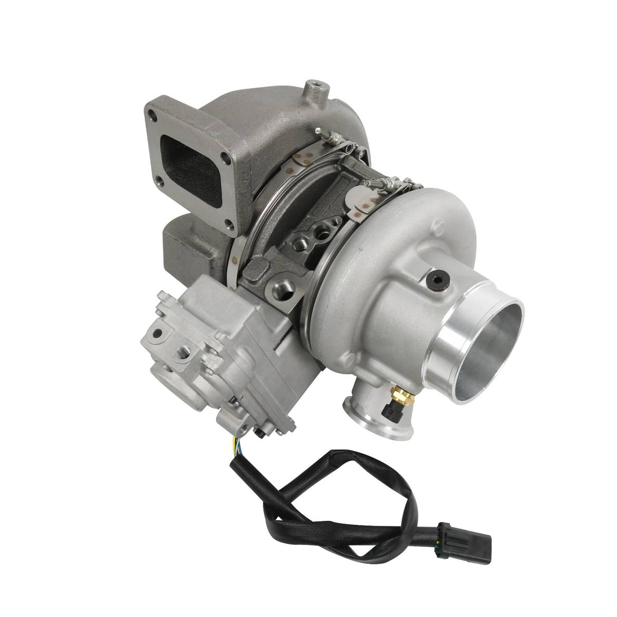 Turbocharger assembly with solenoid valve, metal housings, and wiring with black connectors