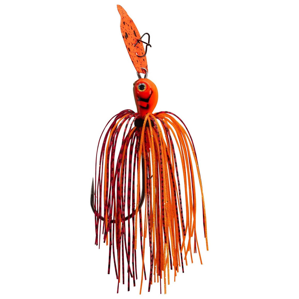 Orange fishing lure with fluttering red-and-orange skirt strands and orange head bait