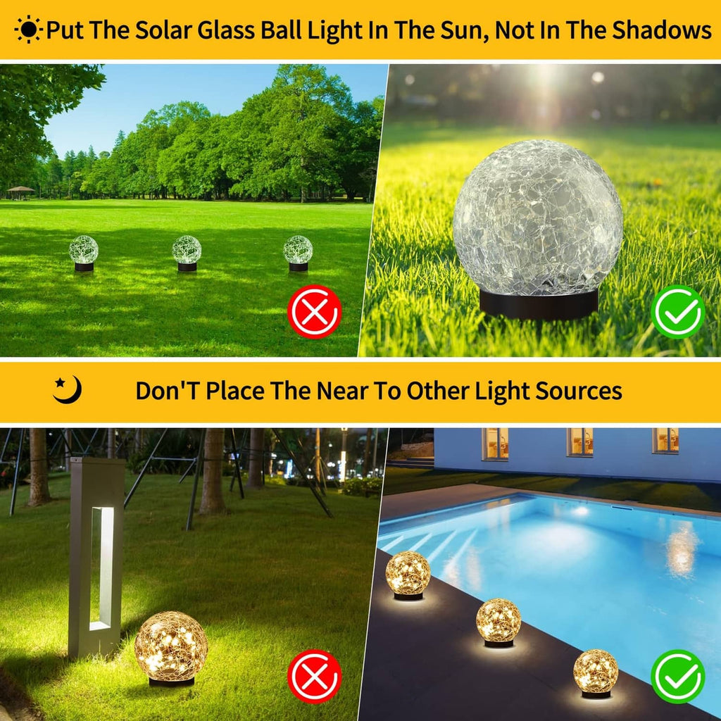 Warm-white solar glass globe light with frosted cracked sphere and spike base in lawn