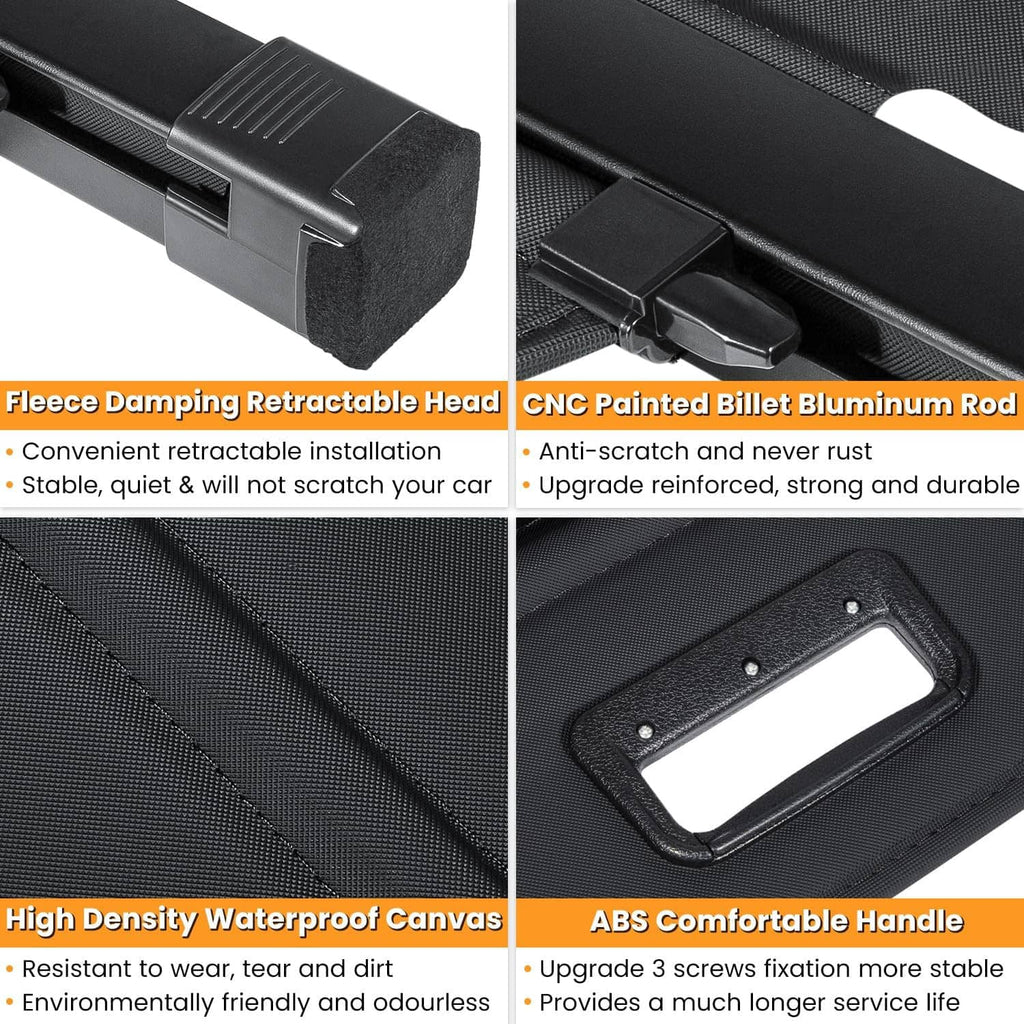 Black retractable trunk cargo cover with end bar, handle, and fabric close-up