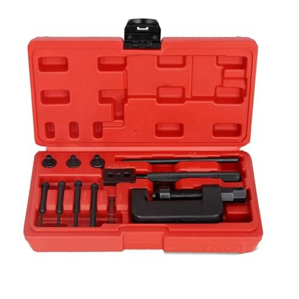 Motorcycle chain breaker tool kit in red case with pin punches and rivet press