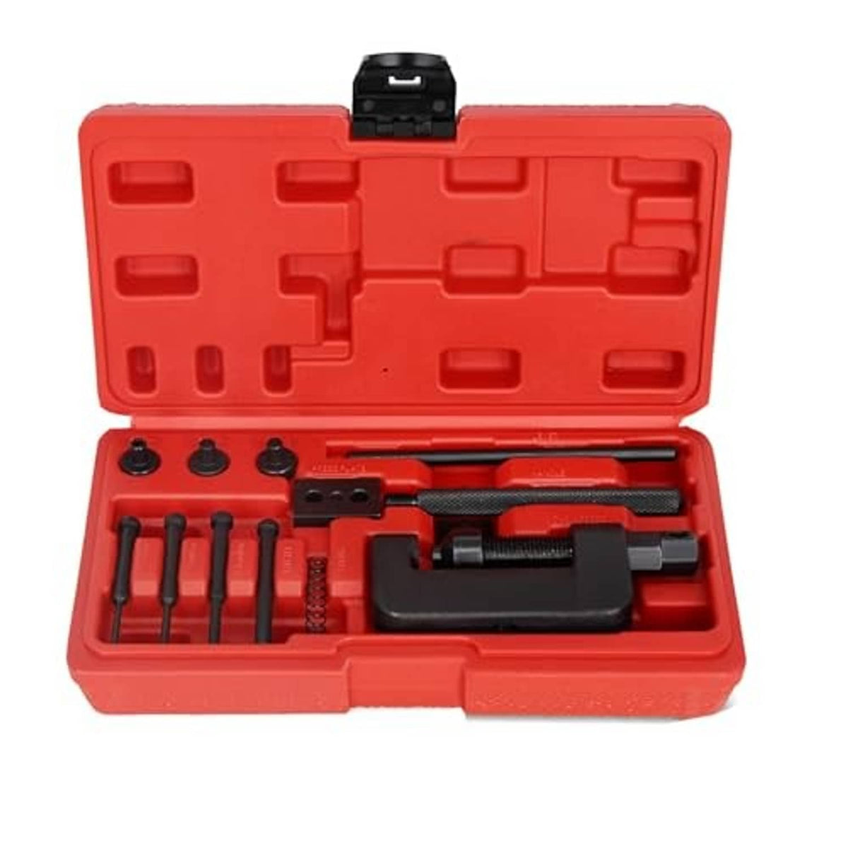Motorcycle chain breaker tool kit in red case with pin punches and rivet press