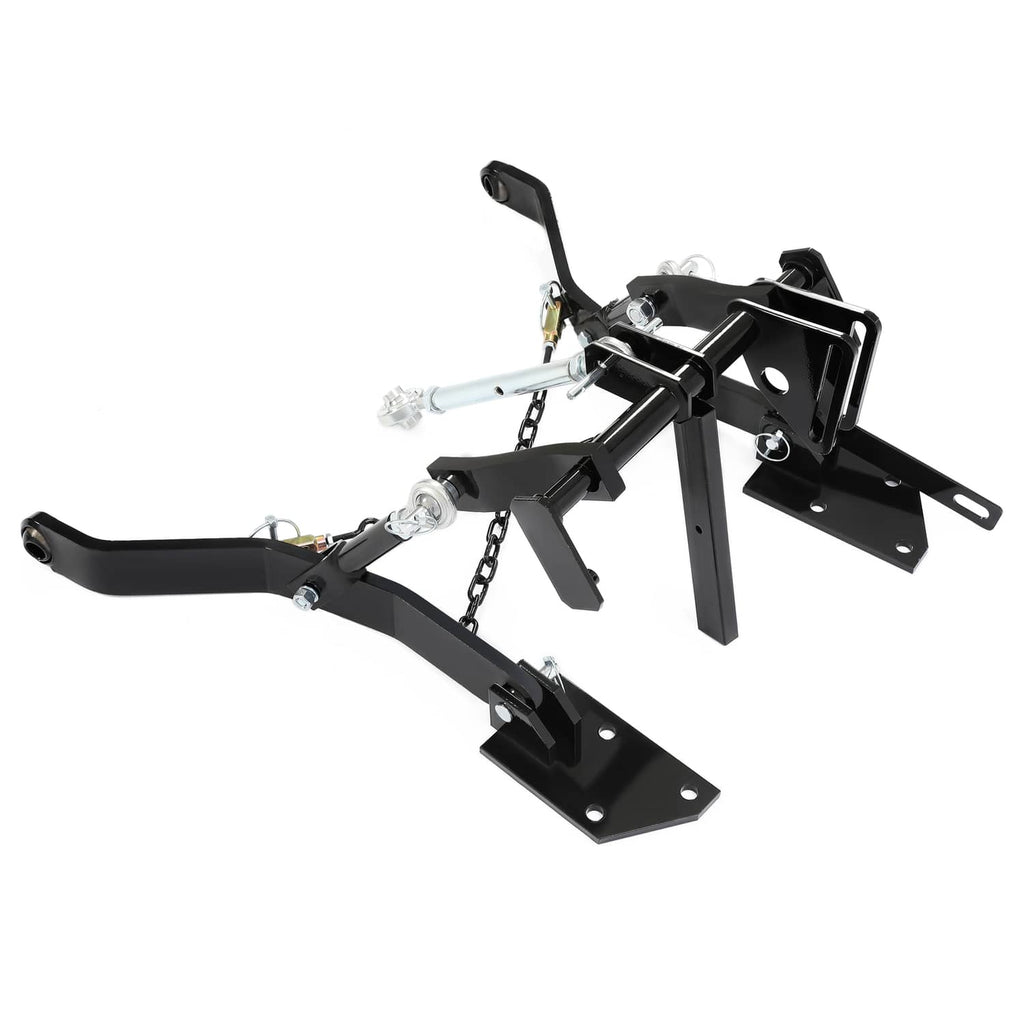 3-point hitch assembly with black frame, support plates, chains and mounting pin