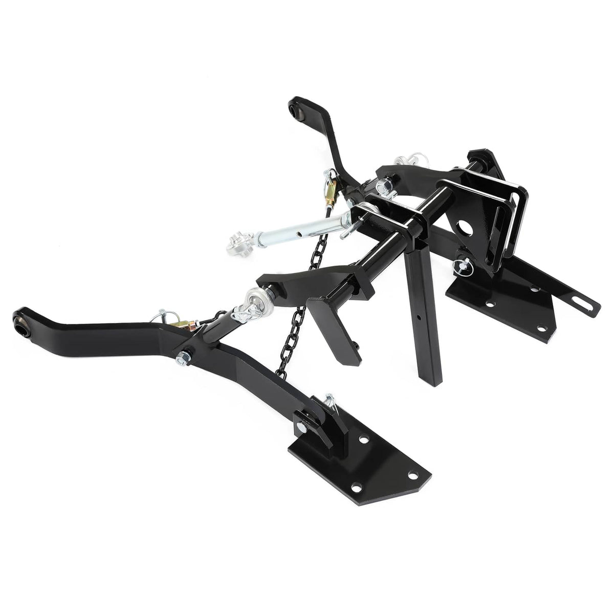 3-point hitch assembly with black frame, support plates, chains and mounting pin