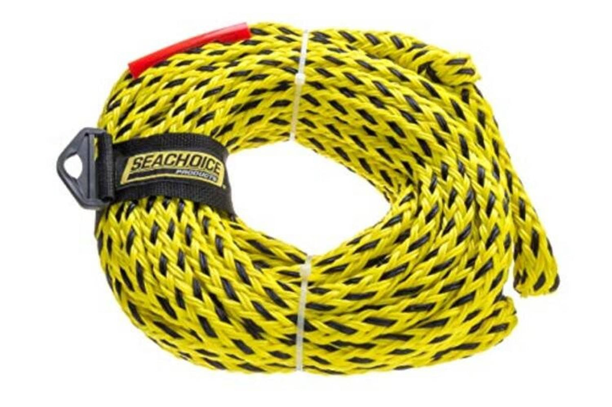 Yellow and black braided tow rope coil with black-and-red securing strap and hook