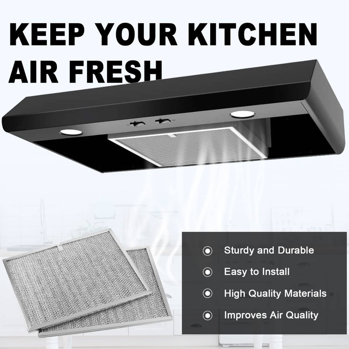 Black range hood with removable silver mesh grease filter