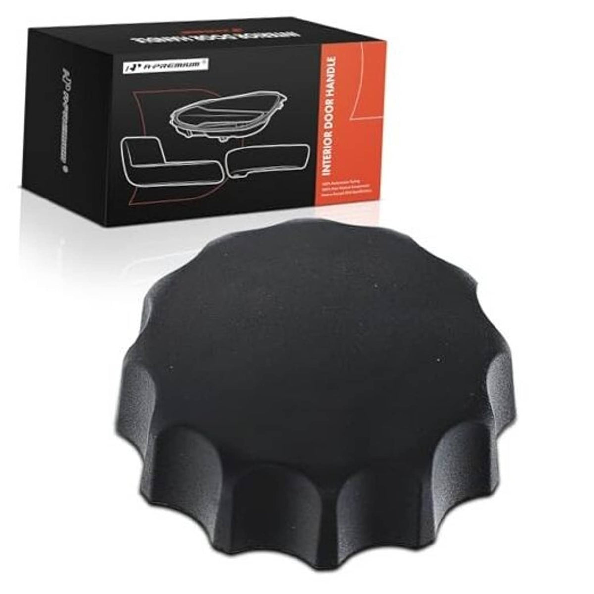 Black seat recline adjust knob with textured, ridged grip and rounded top