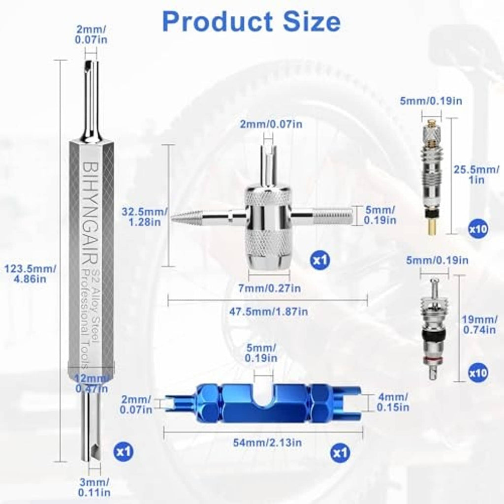 Valve core removal tool with size measurements diagram and labeled component dimensions