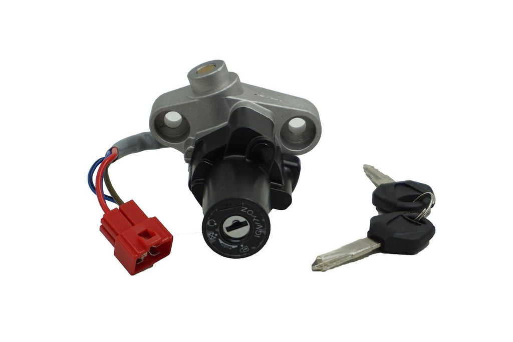 Ignition switch assembly with black housing, keys, and red electrical plug