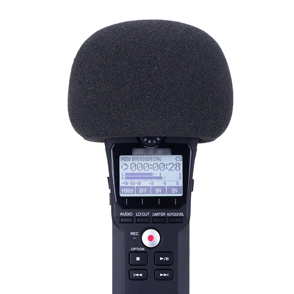 Black foam windscreen on recorder top view, showing screen and controls