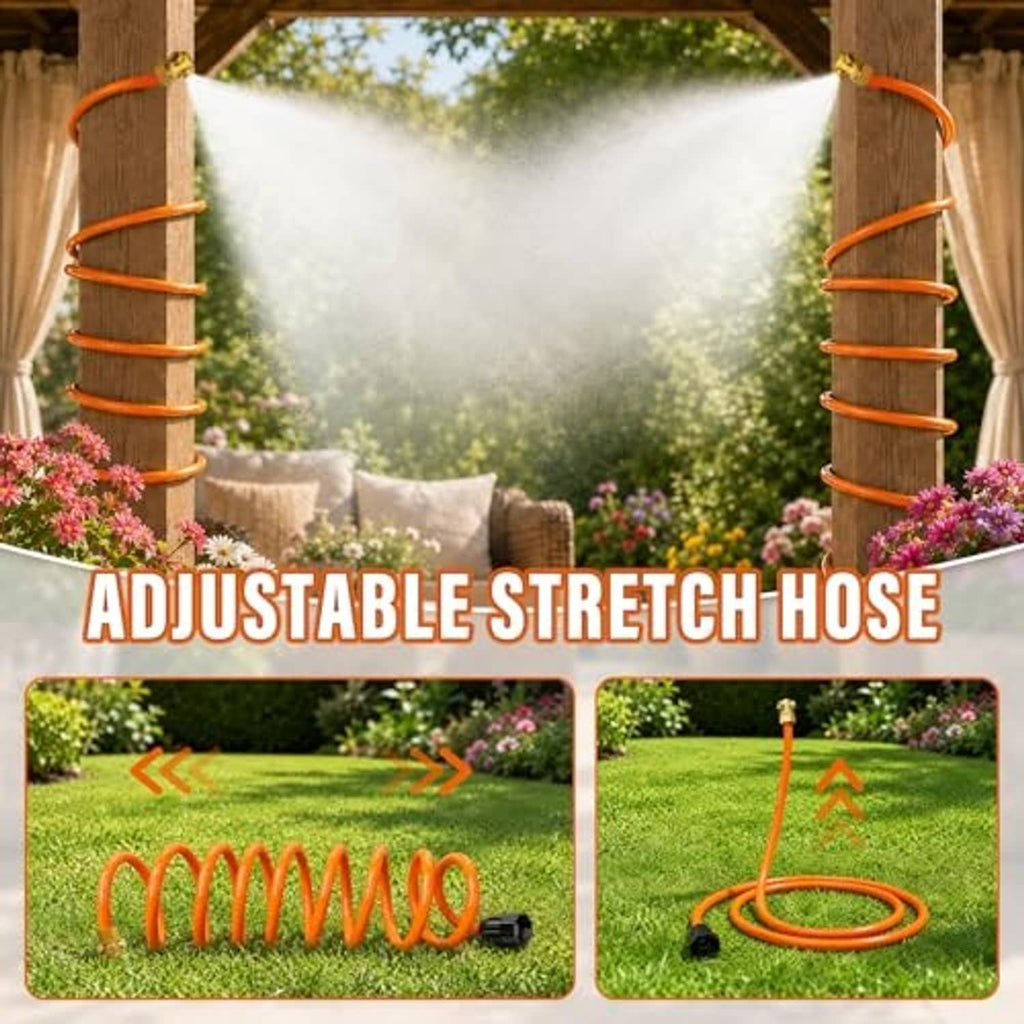 Adjustable orange hose mister wrapped on wooden posts, emitting a fine spray mist