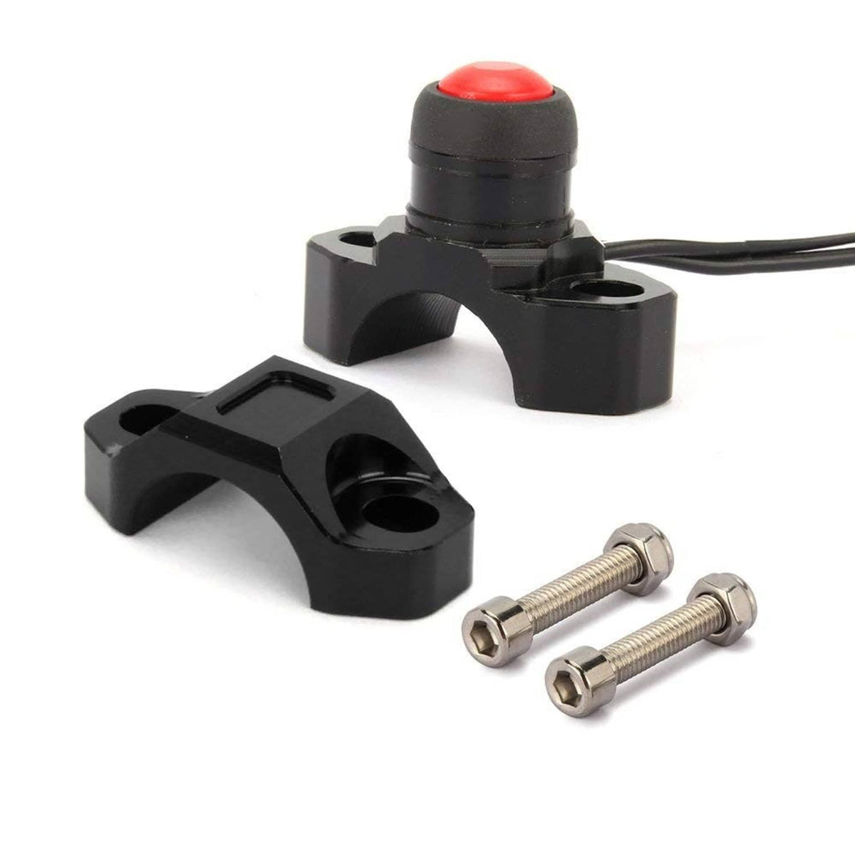 Black CNC dirt bike kill switch button with red cap and mounting bracket pieces