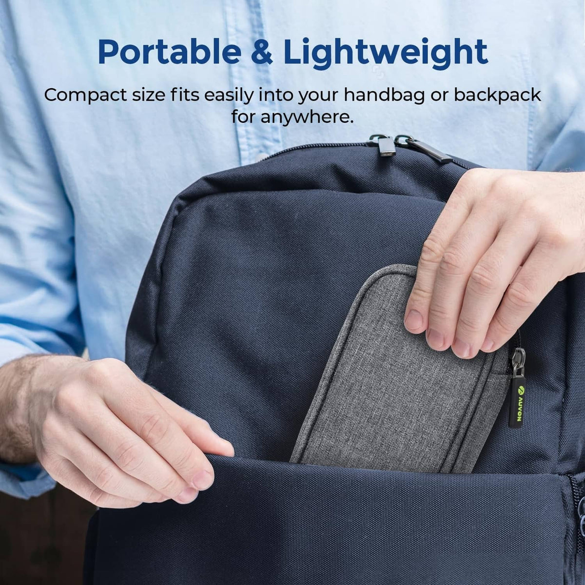 Gray insulated insulin cooler travel case with front pocket and zipper, held in hand